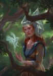  1girl bird blue_eyes branch european_clothes forest gwent_(game) headgear highres looking_at_viewer magic nature non-web_source official_art redhead spell the_witcher_(series) tree 
