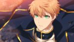  1boy aderu armor armored_dress arthur_pendragon_(fate) blonde_hair blue_cape blue_dress breastplate cape dress fate/grand_order fate/prototype fate_(series) greaves green_eyes hair_between_eyes male_focus pauldrons short_hair shoulder_armor solo upper_body 