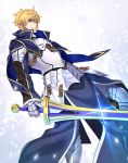  1boy armor armored_boots armored_dress arthur_pendragon_(fate) azu blonde_hair blue_cape blue_dress boots breastplate cape dress excalibur excalibur_(fate/prototype) fate/grand_order fate/prototype fate_(series) faulds gauntlets greaves green_eyes hair_between_eyes highres holding holding_sword holding_weapon looking_at_viewer male_focus pauldrons short_hair shoulder_armor simple_background solo sword weapon white_background 