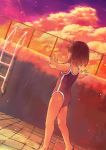  1girl absurdres barefoot black_hair clouds dutch_angle fence from_behind highres ladder max07817 one-piece_swimsuit original outstretched_arms pool short_hair solo standing summer sunset swimsuit 