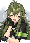  1girl :d ^_^ antenna_hair arknights bangs black_gloves black_shirt closed_eyes commentary eyebrows_visible_through_hair facing_viewer fangs fingerless_gloves gavial_(arknights) gloves green_hair hair_between_eyes hair_ornament hand_up head_rest highres long_hair open_mouth pointy_ears shirt short_sleeves sigm@ smile solo upper_body 