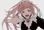  1girl blue_eyes crying crying_with_eyes_open felicia_(fire_emblem) fire_emblem fire_emblem_fates gem grey_background long_hair long_sleeves maid maid_headdress open_mouth pink_hair ponytail simple_background solo te_na_f5 tears twitter_username upper_body 
