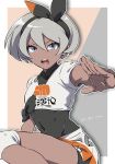  1girl bangs black_bodysuit black_hairband bodysuit bodysuit_under_clothes bow_hairband collared_shirt commentary_request covered_navel dark_skin eyelashes grey_eyes grey_hair gym_leader hair_between_eyes hairband hand_up highres knee_pads looking_at_viewer minato_(rigu_hm) open_mouth pokemon pokemon_(game) pokemon_swsh print_shirt print_shorts saitou_(pokemon) shirt short_hair short_sleeves shorts solo teeth tied_shirt tongue 