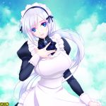  1girl black_bow blue_eyes bow breasts clouds day hand_up large_breasts long_sleeves maid maid_headdress mi3m omc outdoors puffy_long_sleeves puffy_sleeves short_hair silver_hair smile solo upper_body watermark 