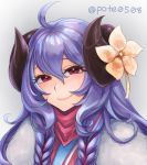  1girl ahoge alternate_costume alternate_eye_color alternate_hair_color alternate_hairstyle bangs curled_horns flower fur hair_between_eyes hair_flower hair_ornament horns japanese_clothes kindred lamb_(league_of_legends) league_of_legends long_hair looking_at_viewer pote0508 purple_hair red_eyes simple_background smile solo spirit_blossom_kindred twintails white_fur 