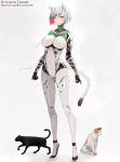  1girl animal animal_ears bamuth bodysuit breasts cat cat_ears cat_tail full_body green_eyes high_heels highres large_breasts looking_at_viewer original patreon_username redhead ribbon short_hair simple_background tail white_background white_hair 