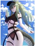 1girl absurdres antenna_hair arknights arm_strap bare_shoulders bikini black_bikini breasts clouds covered_nipples cowboy_shot crocodilian_tail cup drinking_glass gavial_(arknights) green_hair grin hand_up highres holding large_breasts long_hair looking_at_viewer multiple_straps navel pointy_ears ponta_(velmar) ponytail sidelocks skindentation sky smile solo stomach swimsuit tail taut_bikini taut_clothes thigh_strap thighs turtleneck under_boob v-shaped_eyebrows visor_cap yellow_eyes