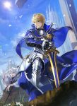  1boy armor armored_boots armored_dress arthur_pendragon_(fate) blonde_hair blue_cape blue_dress boots breastplate cape castle clouds dress excalibur excalibur_(fate/prototype) fate/grand_order fate/prototype fate_(series) faulds flower gauntlets greaves green_eyes hair_between_eyes highres holding holding_sword holding_weapon long_sleeves looking_to_the_side male_focus medium_hair merlin_(fate) merlin_(fate/prototype) outdoors pauldrons short_hair shoulder_armor signature sky smile solo staff sun sword weapon white_hair yogifog6312 
