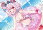  1girl ;d animal_ears bangs bare_shoulders beach bikini bikini_skirt blue_flower blue_sky blush breasts clouds collarbone detached_collar eyebrows_visible_through_hair eyewear_on_head fake_animal_ears flower granblue_fantasy hair_flower hair_ornament highleg highleg_bikini innertube looking_at_viewer medium_breasts mouse_ears navel omuretsu one_eye_closed open_mouth outdoors purple_flower red_eyes short_hair silver_hair sky smile solo star-shaped_eyewear striped striped_bikini sunglasses swimsuit vikala_(granblue_fantasy) water wrist_cuffs 