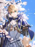 1boy armor armored_dress arthur_pendragon_(fate) blonde_hair blue_cape blue_dress breastplate cape dress fate/grand_order fate/prototype fate_(series) faulds gauntlets greaves green_eyes hair_between_eyes highres jaeyun looking_at_viewer male_focus pauldrons short_hair shoulder_armor smile solo_focus twitter_username 