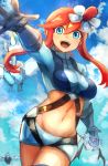  1girl :d bangs belt blue_belt blue_eyes blue_gloves blue_jacket blue_shorts blue_sky breasts clouds commentary_request cowboy_shot day elbow_gloves eyebrows_behind_hair fuuro_(pokemon) gen_5_pokemon gloves groin gym_leader hair_between_eyes hair_ornament hatano_kiyoshi jacket large_breasts long_sleeves looking_at_viewer midriff navel one_side_up open_mouth outstretched_arm pilot_suit pokemon pokemon_(creature) pokemon_(game) pokemon_bw redhead short_shorts shorts sidelocks sky smile solo_focus standing swanna swoobat thigh_pouch unfezant unfezant_(female) upper_teeth 