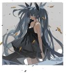  1girl absurdres animal bangs bare_arms bare_shoulders black_dress black_ribbon blue_eyes closed_mouth commentary_request dress eyebrows_behind_hair fish grey_background grey_hair hair_between_eyes hair_ribbon hatsune_miku highres long_hair pleated_dress ribbon romaji_commentary shinkai_shoujo_(vocaloid) sleeveless sleeveless_dress solo standing twintails two-tone_background very_long_hair vocaloid white_background zhibuji_loom 