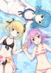  3girls alice_gear_aegis battle_girl_high_school bikini black_bikini blonde_hair blue_eyes blue_hair closed_mouth crossover eyebrows_visible_through_hair flower hair_flower hair_ornament hair_ribbon highres hirasaka_yotsuyu kougami_kanon kunieda_shiho lying lying_on_water multiple_girls official_art on_back open_mouth pink_hair ribbon sarong shimada_fumikane string_bikini striped striped_bikini striped_swimsuit swimsuit twintails violet_eyes water white_bikini yellow_eyes 