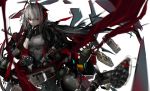  1girl ahoge antennae arknights black_gloves black_jacket blurry bomb breasts depth_of_field detonator explosive fingerless_gloves gloves grenade grey_hair grey_shirt hand_up highres jacket long_sleeves looking_at_viewer medium_breasts multicolored_hair nail_polish narue open_clothes open_jacket red_eyes red_nails scarf shirt short_hair smile solo streaked_hair w_(arknights) 