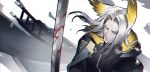  1boy absurdres arknights black_jacket blood bloody_weapon facial_hair forehead goatee hellagur_(arknights) highres jacket katana long_hair looking_at_viewer male_focus silver_hair simple_background sword upper_body weapon white_background yellow_eyes yushi_ketsalkoatl 
