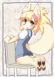  1girl :3 :d animal_ear_fluff animal_ears animal_nose blonde_hair chair commentary dog dog_ears dog_girl dog_tail fang foss_(osa0801) full_body furry hair_between_eyes highres long_hair looking_back open_mouth original osa0801 pawpads pink_headband ponytail short_sleeves smile snout solo star_(symbol) tail yellow_eyes yellow_fur 