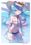  1girl absurdres bikini blue_eyes blue_hair blue_neckwear cowboy_shot detached_sleeves eyewear_on_headwear hair_between_eyes hair_ornament hairclip hat hatsune_miku highres innertube lajiang long_hair looking_at_viewer navel necktie partially_submerged pool see-through skirt solo striped striped_bikini sun_hat swimsuit twintails vocaloid wading water 