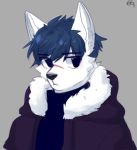 1boy animal_ears animal_nose blue_hair closed_mouth commentary eyebrows_visible_through_hair furry grey_background hair_between_eyes highres looking_to_the_side original ressue_(gomgom) short_hair signature simple_background snout solo upper_body white_fur wolf wolf_boy wolf_ears 
