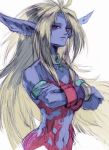 1girl animal_ears breasts breath_of_fire breath_of_fire_ii closed_mouth earrings highres jewelry kannoaki long_hair looking_at_viewer pointy_ears rinpoo_chuan simple_background solo topless white_background 