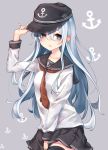  1girl black_headwear black_legwear black_sailor_collar black_skirt blue_eyes blush closed_mouth collarbone eyebrows_visible_through_hair flat_cap grey_background hair_between_eyes hat hibiki_(kantai_collection) highres kamidanomi kantai_collection long_hair long_sleeves neckerchief pleated_skirt red_neckwear sailor_collar school_uniform serafuku silver_hair simple_background skirt solo thigh-highs 