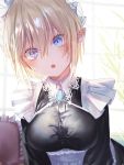  1girl absurdres blonde_hair blue_eyes blush breasts hair_between_eyes highres looking_at_viewer maid maid_headdress medium_breasts open_mouth original pointy_ears pottsness short_hair solo teeth upper_body 