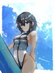  1girl black_hair blue_sky breasts casual_one-piece_swimsuit clouds cowboy_shot grey_eyes hayasui_(kantai_collection) highres honma_(honmatomohiro) kantai_collection medium_breasts one-piece_swimsuit short_hair sky solo surfboard swimsuit turtleneck white_swimsuit 