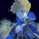  1boy armor armored_dress arthur_pendragon_(fate) blonde_hair blue_cape blue_dress breastplate cape dress fate/grand_order fate/prototype fate_(series) field flower flower_field gauntlets greaves green_eyes hair_between_eyes highres looking_at_viewer male_focus niannian0 night night_sky outdoors pauldrons petals short_hair shoulder_armor sky smile solo upper_body 