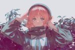  1girl bangs blue_eyes blue_neckwear blue_ribbon closed_mouth copyright_request empty_eyes hands_on_headwear hood jacket long_sleeves looking_at_viewer neck_ribbon pink_hair plant ribbon sad scarf sheya_(dingkuang1) solo upper_body 
