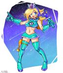  1girl blue_eyes boots breasts cosplay crop_top elbow_gloves gloves headset highres long_hair looking_at_viewer super_mario_bros. microphone midriff miniskirt navel oomasa_teikoku open_mouth rosalina skirt smile solo space_channel_5 thigh-highs thigh_boots 
