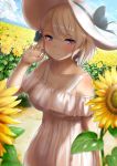  1girl absurdres alternate_costume azur_lane bare_shoulders blue_sky blurry blush bow casual clouds cloudy_sky collarbone commentary_request contemporary depth_of_field dress earrings flower hair_bow hair_ribbon hat highres iron_cross jewelry looking_at_viewer parted_lips ribbon shade short_hair silver_hair sky smile solo summer sun_hat sunflower violet_eyes white_dress yamataka z23_(azur_lane) 
