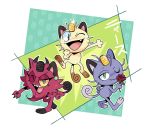  ;) alolan_and_normal alolan_form alolan_meowth alternate_color alternate_shiny_pokemon animalization blue_eyes closed_mouth colored_sclera commentary earrings fang flower galarian_and_normal galarian_form galarian_meowth gen_1_pokemon gen_7_pokemon gen_8_pokemon green_eyes highres holding holding_flower james_(pokemon) jessie_(pokemon) jewelry kiana_mai meowth no_humans one_eye_closed open_mouth pokemon pokemon_(anime) pokemon_(creature) rose sharp_teeth simple_background smile team_rocket teeth translated yellow_sclera 