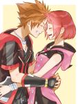  1boy 1girl belt bracelet brown_hair closed_eyes fingerless_gloves forehead-to-forehead gloves highres hood hoodie hug jewelry kairi_(kingdom_hearts) kingdom_hearts kingdom_hearts_iii mihau_my necklace open_mouth redhead short_hair sleeveless smile sora_(kingdom_hearts) upper_body v-neck 