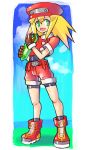  1girl bike_shorts blonde_hair blush brown_gloves cabbie_hat gloves green_eyes hat jacket long_hair looking_at_viewer oomasa_teikoku open_mouth red_headwear red_shorts rockman rockman_dash roll_caskett short_sleeves shorts smile solo 