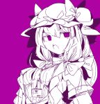  1girl bangs blunt_bangs bow breasts dress hair_bow hat hat_bow id_card long_hair looking_at_viewer ma_sakasama medium_breasts mob_cap monochrome open_mouth patchouli_knowledge purple_background purple_theme solo striped striped_dress touhou upper_body upper_teeth violet_eyes 