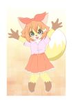  1girl :3 :d absurdres animal_ears animal_nose bakegirin belt blue_eyes blush bow commentary eyebrows_visible_through_hair fox fox_ears fox_girl fox_tail full_body furry gradient gradient_background hair_between_eyes hair_bow highres medium_hair open_mouth orange_hair original outline pink_shirt red_belt red_bow red_skirt shirt signature simple_background skirt smile solo standing tail two-tone_fur white_fur white_outline yellow_fur 
