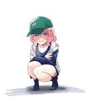  1girl @_@ bangs bare_shoulders baseball_cap black_legwear blue_swimsuit blush clenched_teeth collarbone commentary_request crossed_arms eyebrows_visible_through_hair full_body green_headwear hat highres jacket long_sleeves looking_at_viewer nijisanji no_shoes nose_blush off_shoulder one-piece_swimsuit open_clothes open_jacket pink_hair red_eyes sasaki_saku shadow sleeves_past_wrists socks solo soranakidayo squatting sweat swimsuit swimsuit_under_clothes teeth virtual_youtuber white_background white_jacket 
