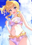  1girl alternate_costume bikini blonde_hair blue_eyes blush breasts clouds cloudy_sky collarbone cowboy_shot floating_hair floral_print frills from_below highres idolmaster idolmaster_cinderella_girls idolmaster_cinderella_girls_starlight_stage layered_bikini looking_at_viewer medium_breasts medium_hair namidako navel ootsuki_yui open_mouth ponytail side_ponytail sidelocks sky swimsuit 