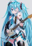  1girl ahoge arm_tattoo bare_shoulders blue_eyes blue_hair breasts commentary_request cowboy_shot detached_sleeves grey_background guitar hair_between_eyes hatsune_miku highres holding instrument long_hair looking_at_viewer one_eye_closed simple_background skirt small_breasts smile solo standing takepon1123 tattoo thigh-highs twintails very_long_hair vocaloid zettai_ryouiki 