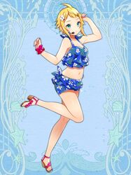  1girl bikini blue_background blue_bikini blue_eyes blue_nails dairoku_youhei floral_print full_body hair_ornament hairclip hands_up headset looking_at_viewer maruyama_hari nail_polish navel sandals scrunchie short_hair simple_background standing standing_on_one_leg swimsuit wrist_scrunchie 