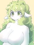  1girl animal_ears animal_nose blush closed_mouth commentary eyebrows_visible_through_hair furry green_eyes green_hair long_hair no_nipples nude original ressue_(gomgom) simple_background snout solo sweatdrop upper_body white_fur yellow_background 