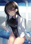  1girl black_hair black_swimsuit book bottle breasts competition_swimsuit covered_navel highleg highleg_swimsuit highres holding jacket large_breasts long_hair long_sleeves looking_at_viewer one-piece_swimsuit open_clothes open_jacket original red_eyes sanshoku_amido sidelocks sitting smile solo swimsuit thighs water_bottle wet white_jacket 