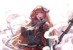  1girl :d arknights bagpipe_(arknights) bangs blue_eyes breasts commentary dokuro_deluxe english_commentary eyebrows_visible_through_hair horns jacket long_hair looking_at_viewer medium_breasts open_mouth orange_hair smile solo upper_body white_background 