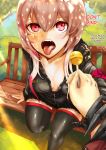  1boy 1girl arm_grab bangs blonde_hair breasts candy collarbone commander_(girls_frontline) english_text eyebrows_visible_through_hair fangs food girls_frontline hessra highlights jacket lollipop long_hair m4_sopmod_ii_(girls_frontline) medium_breasts multicolored_hair no_bra open_clothes open_jacket open_mouth pleated_skirt pov red_eyes redhead saliva saliva_trail sidelocks skindentation skirt thigh-highs tongue tongue_out zettai_ryouiki 