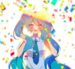  1girl :d artist_name backlighting bare_arms bare_shoulders blue_eyes blue_hair blue_neckwear blurry blurry_background blush breasts collared_shirt colorful commentary confetti curly_hair depth_of_field english_commentary eyebrows_visible_through_hair eyelashes hair_between_eyes hands_up happy hatsune_miku heart heart-shaped_pupils highres holding holding_hair long_hair looking_at_viewer medium_breasts mixed-language_commentary necktie open_mouth savi_(byakushimc) shaded_face shiny shiny_hair shirt sidelocks simple_background sleeveless sleeveless_shirt smile solo sparkle sparkling_eyes sunlight symbol-shaped_pupils tareme teeth twintails upper_body upper_teeth very_long_hair vocaloid white_background white_shirt 