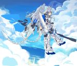  1girl blue_eyes clouds floating_hair flying greatwhite1122 gundam gundam_unicorn highres horns long_hair looking_at_viewer mecha_musume personification single_horn sky unicorn_gundam_perfectibility very_long_hair white_hair 