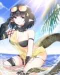 1girl arknights arm_strap bandeau bangs bare_shoulders black_gloves black_hair blue_sky blunt_bangs bob_cut breasts chinese_commentary clouds commentary_request day eunectes_(arknights) eyebrows_visible_through_hair gloves goggles goggles_on_head hand_up highres lanelise looking_at_viewer medium_breasts partial_commentary pointy_ears see-through seiza short_hair sidelocks sitting sky snake_tail solo strapless tail thigh_strap thighs tubetop violet_eyes water water_drop 