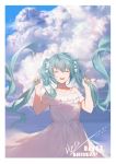  1girl :d ^_^ absurdres bangs bare_shoulders blue_hair blue_sky bow choker closed_eyes clouds cloudy_sky collarbone commentary_request dated day dress facing_viewer hair_between_eyes hair_bow hands_up happy_birthday hatsune_miku highres holding holding_hair koi_han long_hair off-shoulder_dress off_shoulder open_mouth outdoors round_teeth signature sky smile solo standing teeth twintails upper_teeth very_long_hair vocaloid white_bow white_choker white_dress 