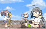  3girls ahoge alternate_costume aoba_(kantai_collection) blue_sky clothes_writing clouds day green_eyes green_shorts grey_eyes grey_hair hair_between_eyes hair_bun hamu_koutarou highres indian_style jar kantai_collection kiyoshimo_(kantai_collection) low_twintails multiple_girls outdoors paintbrush pole ponytail purple_shorts rock sculpture shimushu_(kantai_collection) shirt short_hair shorts silver_hair sitting sky t-shirt theodolite translated twintails white_shirt 