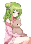  1girl bangs bare_shoulders blush bow camisole double_bun eyebrows_visible_through_hair feet_out_of_frame frilled_shorts frills green_camisole green_eyes green_hair hair_ornament hairclip jacket knees_together_feet_apart long_hair long_sleeves looking_at_viewer morinaka_kazaki nijisanji off_shoulder open_clothes open_jacket parted_lips pink_bow pink_jacket pink_shorts polka_dot polka_dot_bow polka_dot_camisole short_shorts shorts simple_background sitting sleeves_past_wrists solo stuffed_animal stuffed_toy teddy_bear two_side_up virtual_youtuber white_background yamabukiiro 