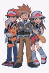  1girl 2boys bag belt black_footwear blue_eyes blue_gloves blush brown_bag brown_hair brown_pants closed_eyes creature crossed_arms dumpling eating fingerless_gloves food gen_1_pokemon gloves grey_background highres hinann_bot holding holding_food holding_pokemon jacket jewelry leaf_(pokemon) long_hair multiple_boys musical_note necklace ookido_green open_clothes open_jacket open_mouth pants pikachu pokemon pokemon_(creature) pokemon_(game) pokemon_rgby red_(pokemon) red_headwear red_jacket red_skirt simple_background single_glove sketch skirt smile sparkle standing tongue white_footwear wristband 